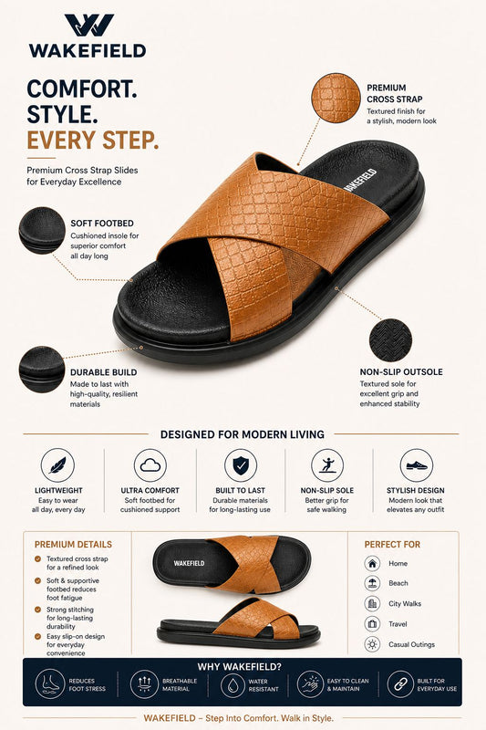 Wakefield Men's Premium Cross Strap Textured Slides - Tan