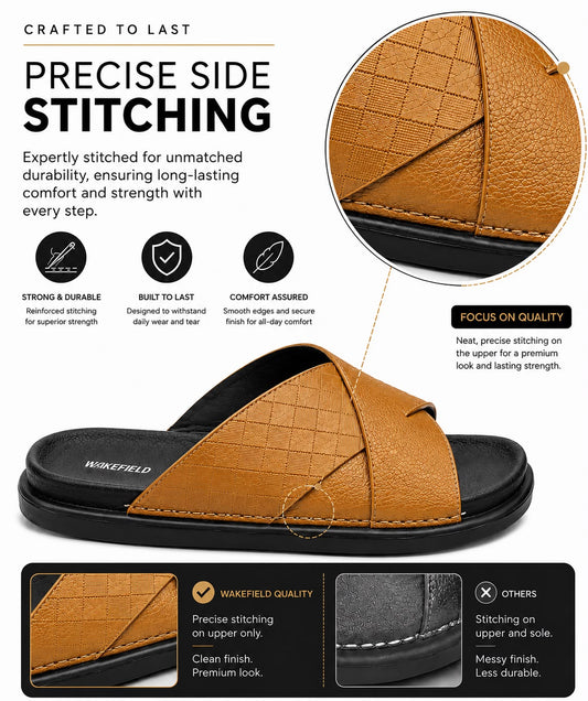 Wakefield Men's Premium Dual Texture Cut Cross Slides - Tan