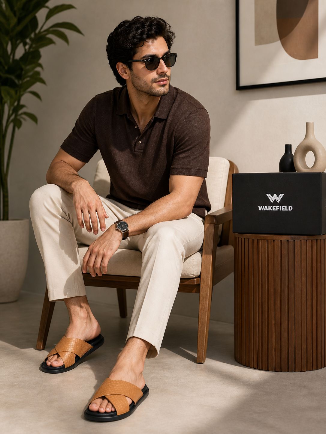 Wakefield Men's Premium Cross Strap Textured Slides - Tan