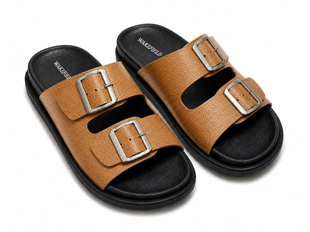Wakefield Men's Premium Double Buckle Comfort Slides | Adjustable Metal Buckles | Soft Cushioned Footbed | Anti-Slip Sole | TAN