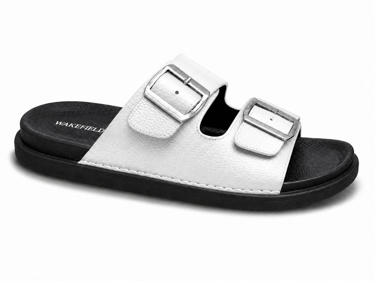 Wakefield Men's Premium Double Buckle Comfort Slides | Adjustable Metal Buckles | Soft Cushioned Footbed | Anti-Slip Sole | WHITE
