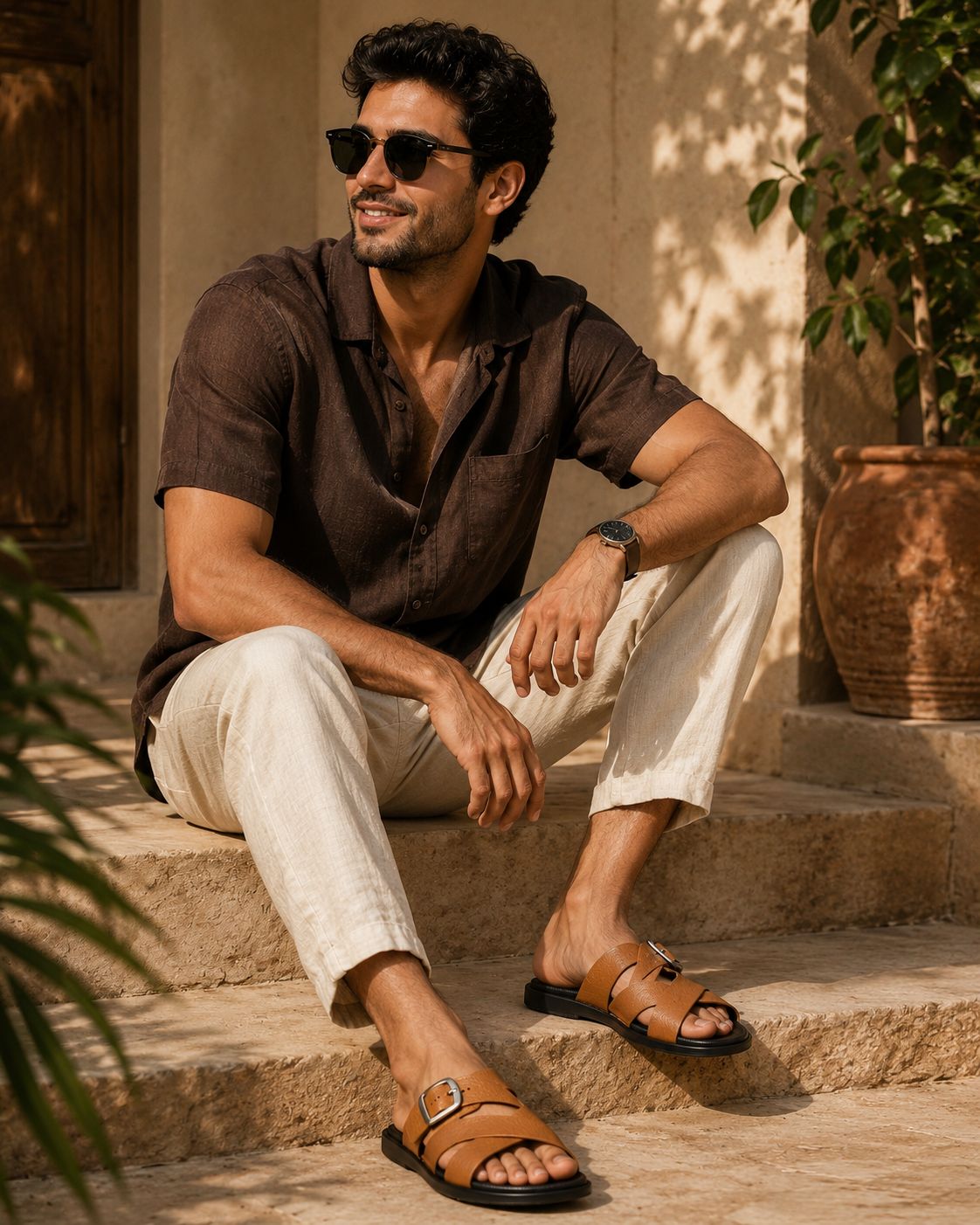 Wakefield Men"s Premium Cross Strap Buckle Comfort Slides | Adjustable Metal Buckle | Soft Cushioned Footbed | Anti-Slip Sole | Lightweight Casual Slippers | TAN