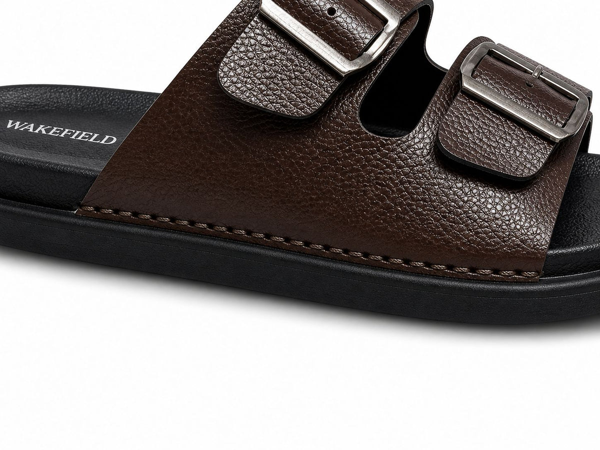 Wakefield Men's Premium Double Buckle Comfort Slides | Adjustable Metal Buckles | Soft Cushioned Footbed | Anti-Slip Sole | Brown