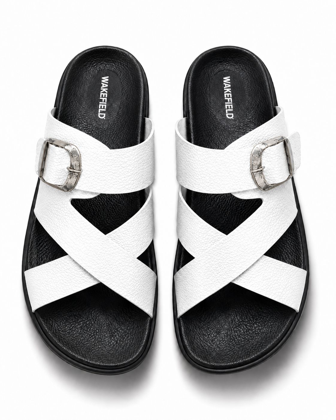 Wakefield Men"s Premium Cross Strap Buckle Comfort Slides | Adjustable Metal Buckle | Soft Cushioned Footbed | Anti-Slip Sole | Lightweight Casual Slippers | WHITE
