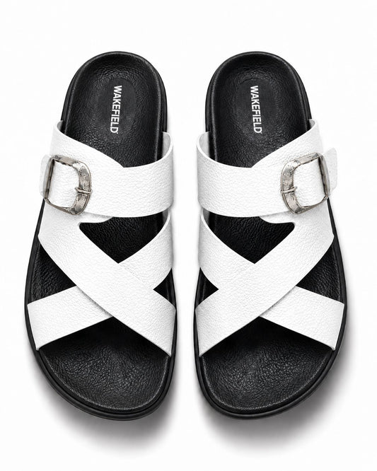 Wakefield Men"s Premium Cross Strap Buckle Comfort Slides | Adjustable Metal Buckle | Soft Cushioned Footbed | Anti-Slip Sole | Lightweight Casual Slippers | WHITE