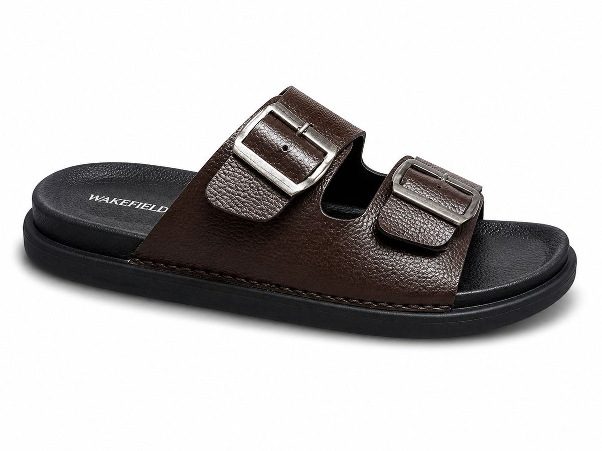Wakefield Men's Premium Double Buckle Comfort Slides | Adjustable Metal Buckles | Soft Cushioned Footbed | Anti-Slip Sole | Brown