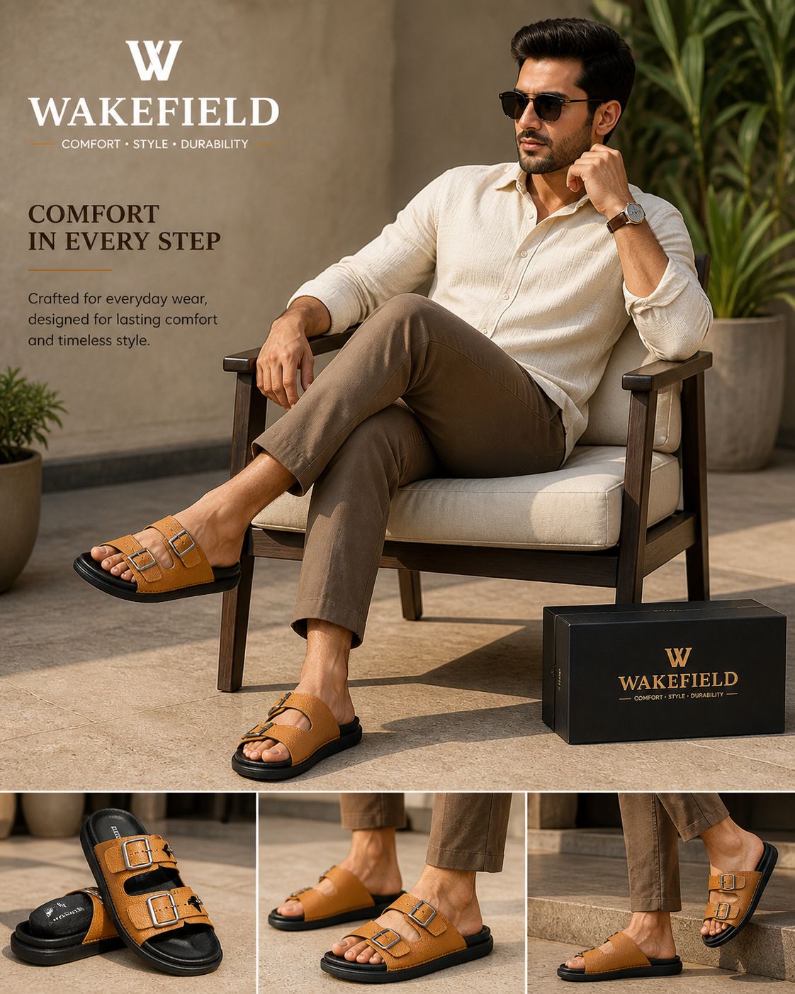 Wakefield Men's Premium Double Buckle Comfort Slides | Adjustable Metal Buckles | Soft Cushioned Footbed | Anti-Slip Sole | TAN
