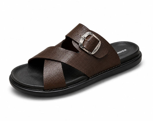Wakefield Men"s Premium Cross Strap Buckle Comfort Slides | Adjustable Metal Buckle | Soft Cushioned Footbed | Anti-Slip Sole | Lightweight Casual Slippers | BROWN