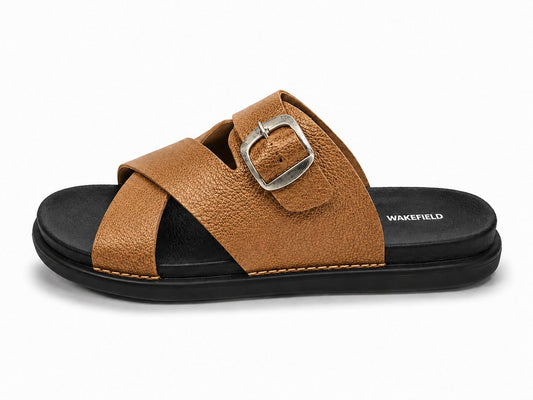 Wakefield Men"s Premium Cross Strap Buckle Comfort Slides | Adjustable Metal Buckle | Soft Cushioned Footbed | Anti-Slip Sole | Lightweight Casual Slippers | TAN