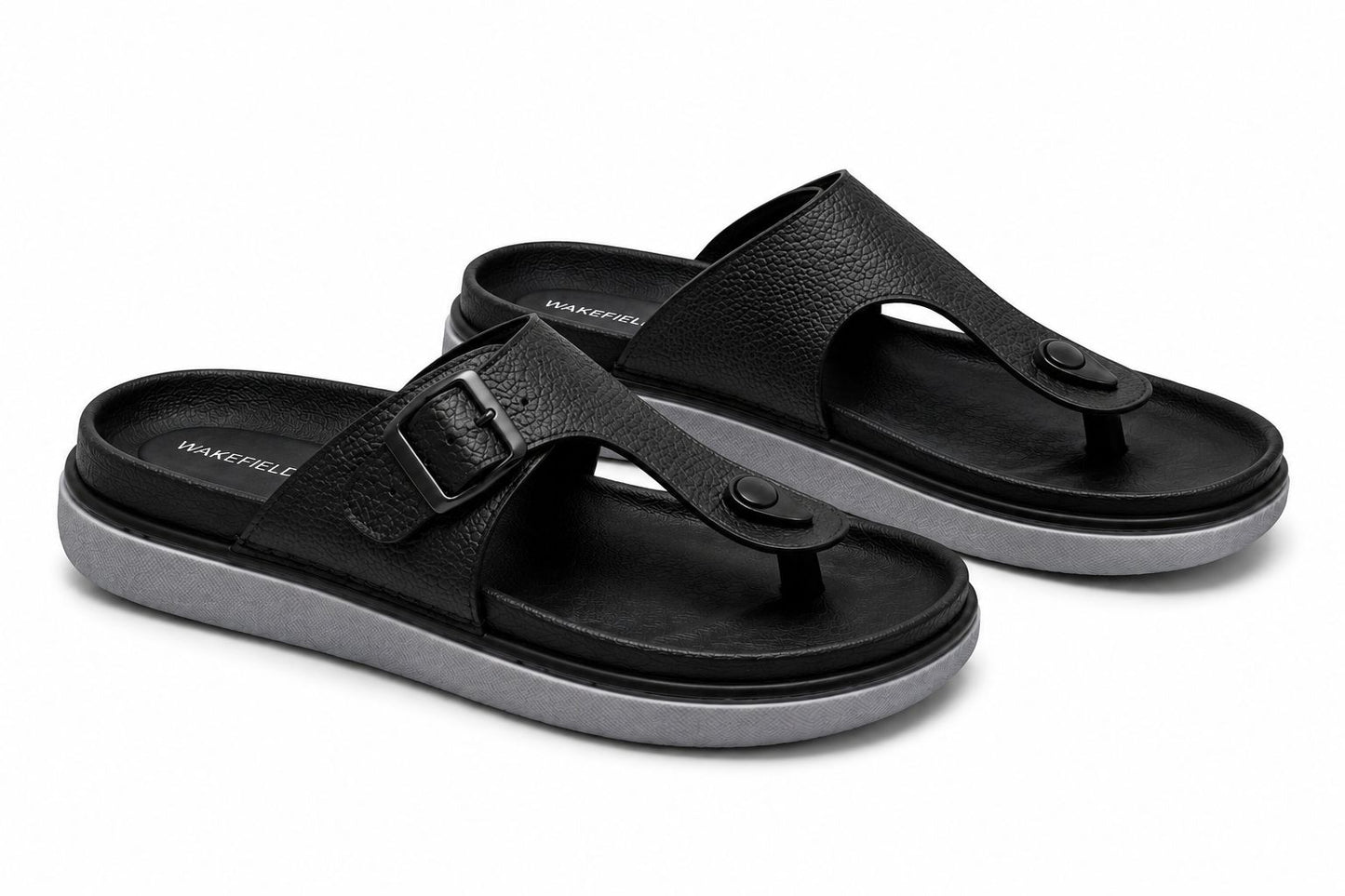 Wakefield Men"s Premium Adjustable Toe Ring Buckle Comfort Slides | Soft Cushioned Footbed | Anti-Slip Sole | Lightweight Casual Slippers | Black