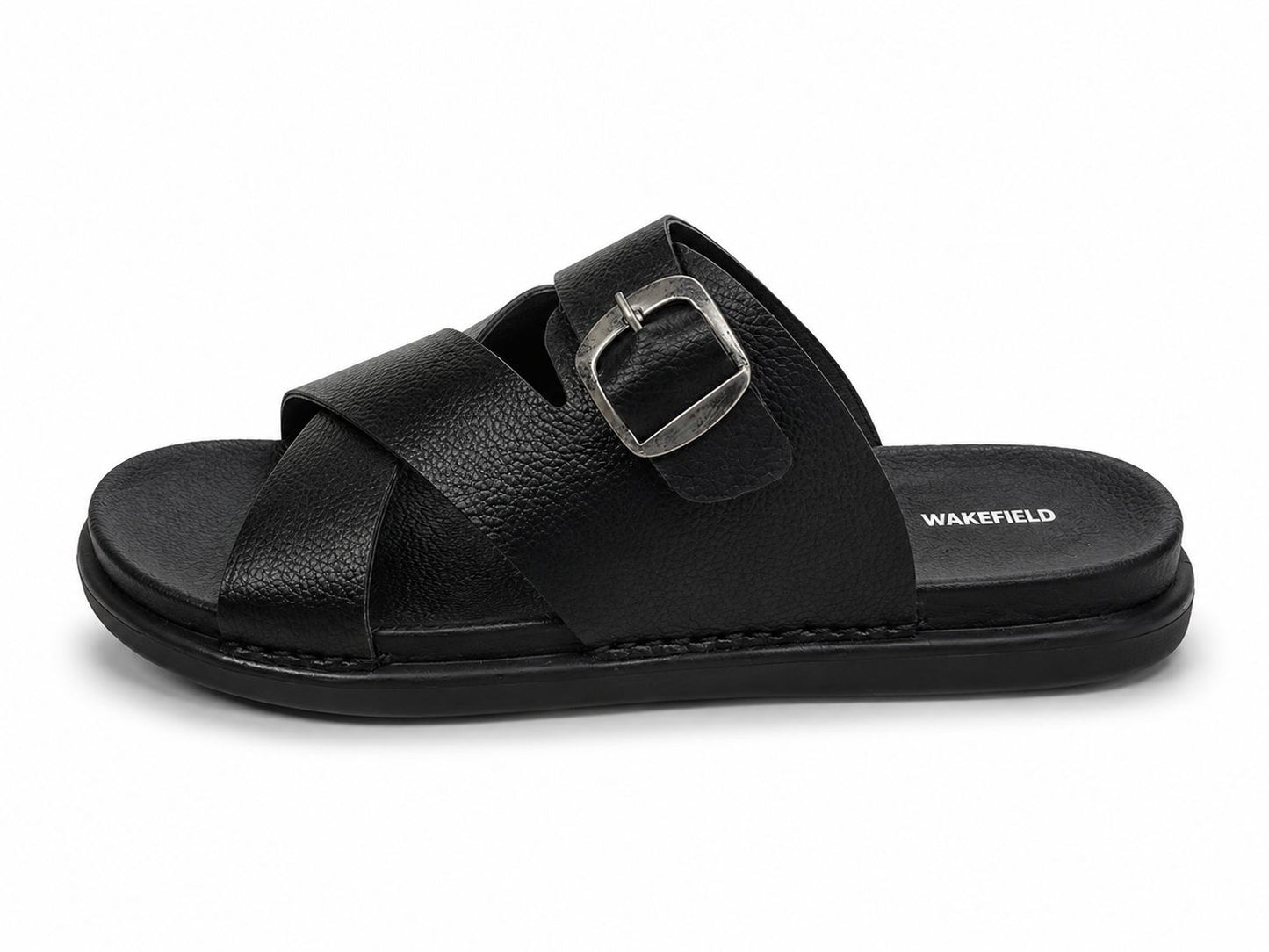 Wakefield Men"s Premium Cross Strap Buckle Comfort Slides | Adjustable Metal Buckle | Soft Cushioned Footbed | Anti-Slip Sole | Lightweight Casual Slippers | Black