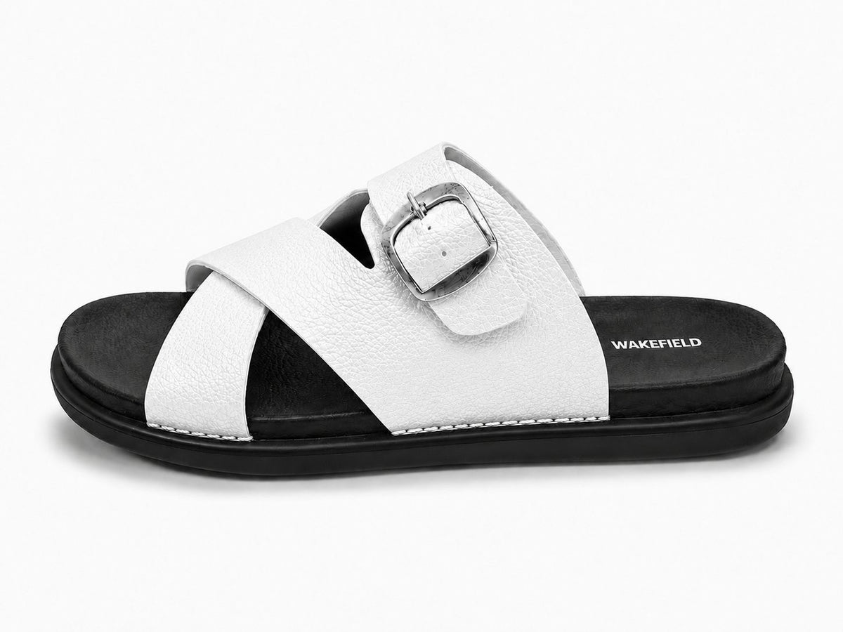Wakefield Men"s Premium Cross Strap Buckle Comfort Slides | Adjustable Metal Buckle | Soft Cushioned Footbed | Anti-Slip Sole | Lightweight Casual Slippers | WHITE