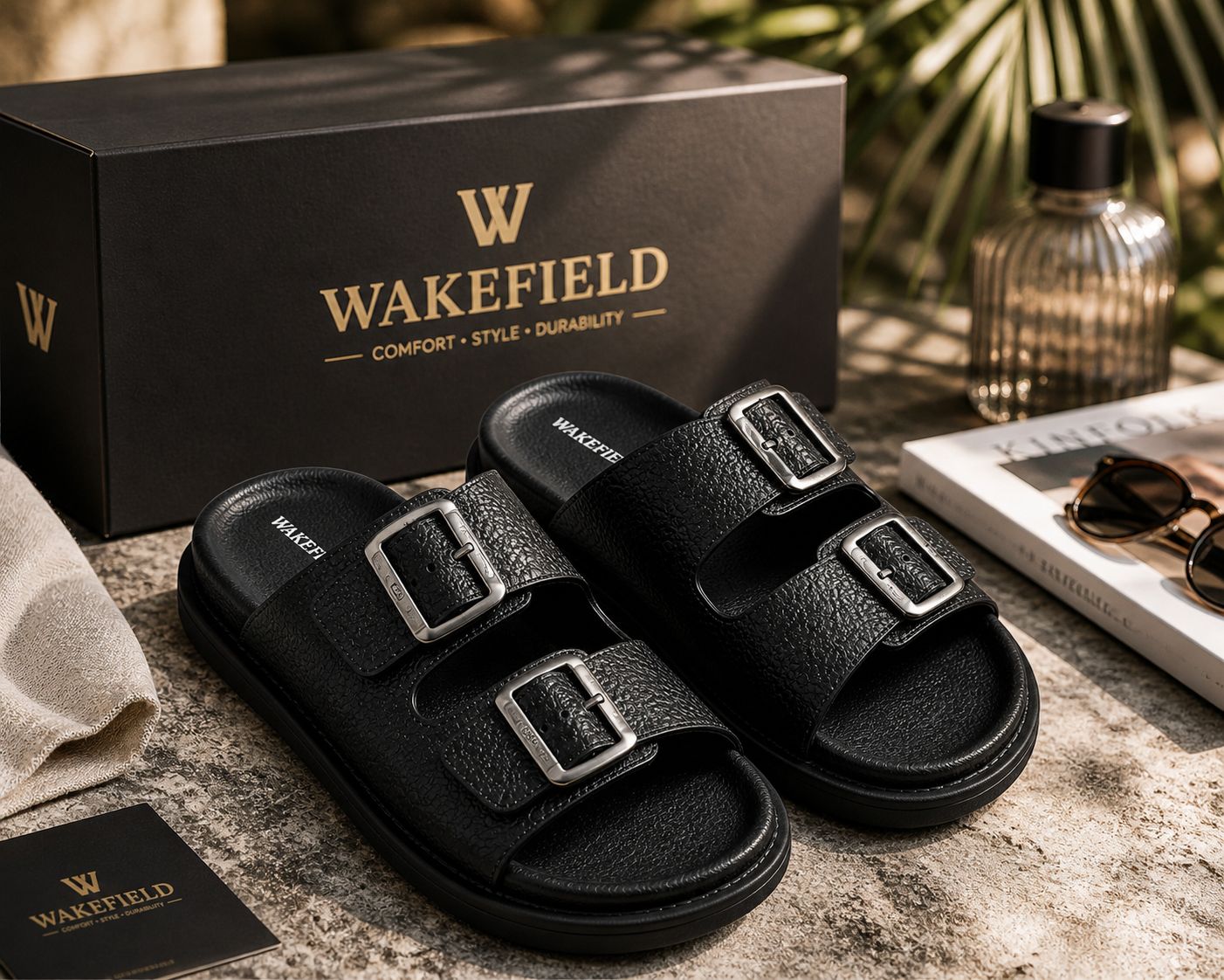 Wakefield Men's Premium Double Buckle Comfort Slides | Adjustable Metal Buckles | Soft Cushioned Footbed | Anti-Slip Sole | Black