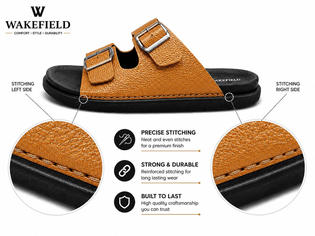 Wakefield Men's Premium Double Buckle Comfort Slides | Adjustable Metal Buckles | Soft Cushioned Footbed | Anti-Slip Sole | TAN