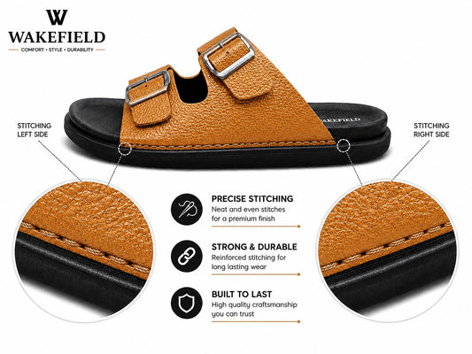 Wakefield Men's Premium Double Buckle Comfort Slides | Adjustable Metal Buckles | Soft Cushioned Footbed | Anti-Slip Sole | TAN