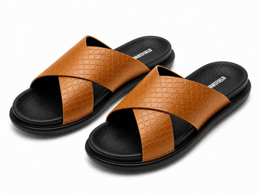 Wakefield Men's Premium Cross Strap Textured Slides - Tan