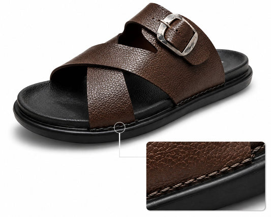 Wakefield Men"s Premium Cross Strap Buckle Comfort Slides | Adjustable Metal Buckle | Soft Cushioned Footbed | Anti-Slip Sole | Lightweight Casual Slippers | BROWN