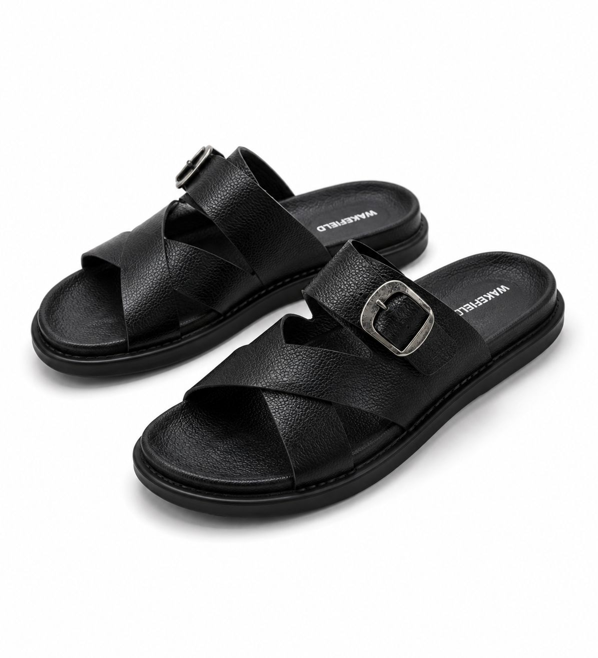 Wakefield Men"s Premium Cross Strap Buckle Comfort Slides | Adjustable Metal Buckle | Soft Cushioned Footbed | Anti-Slip Sole | Lightweight Casual Slippers | Black