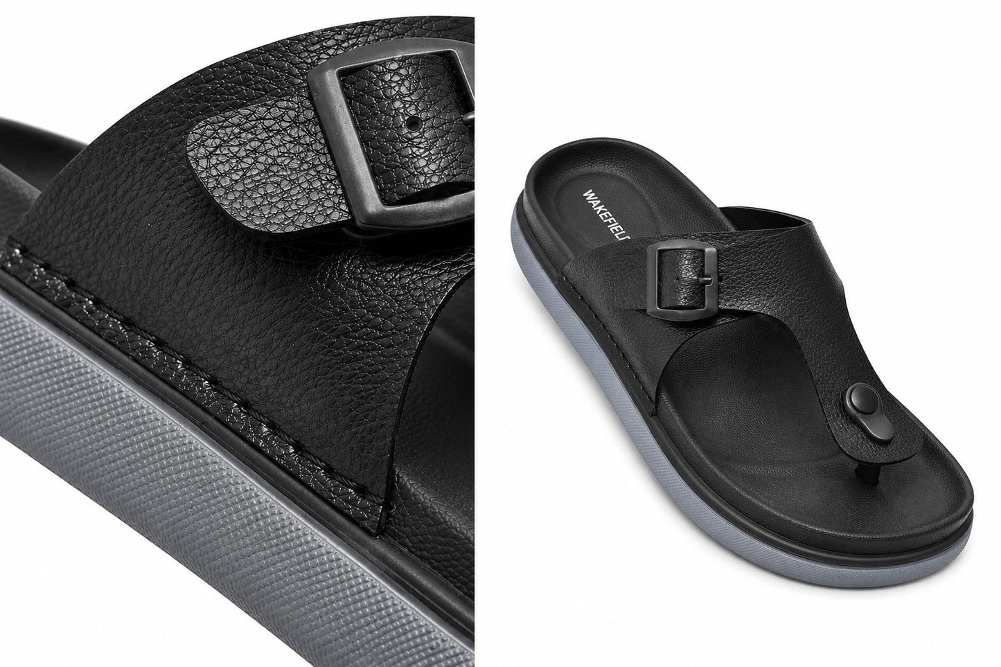 Wakefield Men"s Premium Adjustable Toe Ring Buckle Comfort Slides | Soft Cushioned Footbed | Anti-Slip Sole | Lightweight Casual Slippers | Black