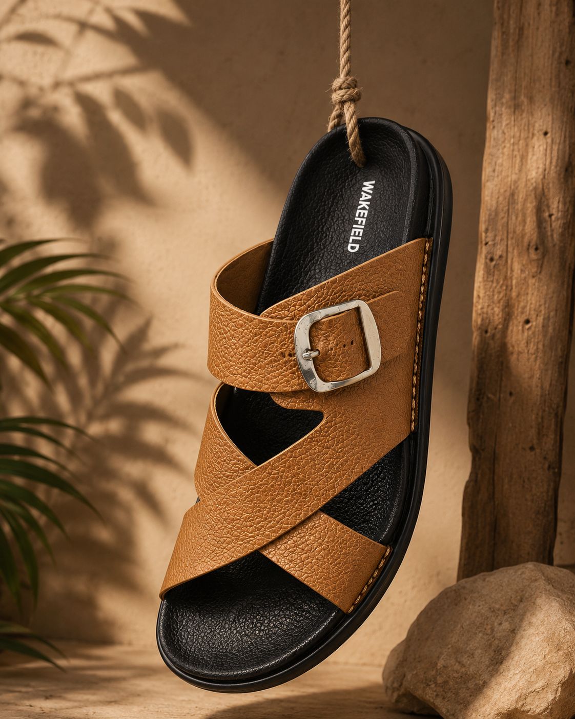 Wakefield Men"s Premium Cross Strap Buckle Comfort Slides | Adjustable Metal Buckle | Soft Cushioned Footbed | Anti-Slip Sole | Lightweight Casual Slippers | TAN