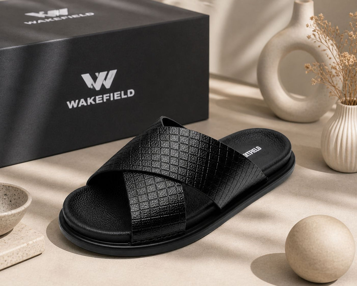 Wakefield Men's Premium Cross Strap Textured Slides - Black