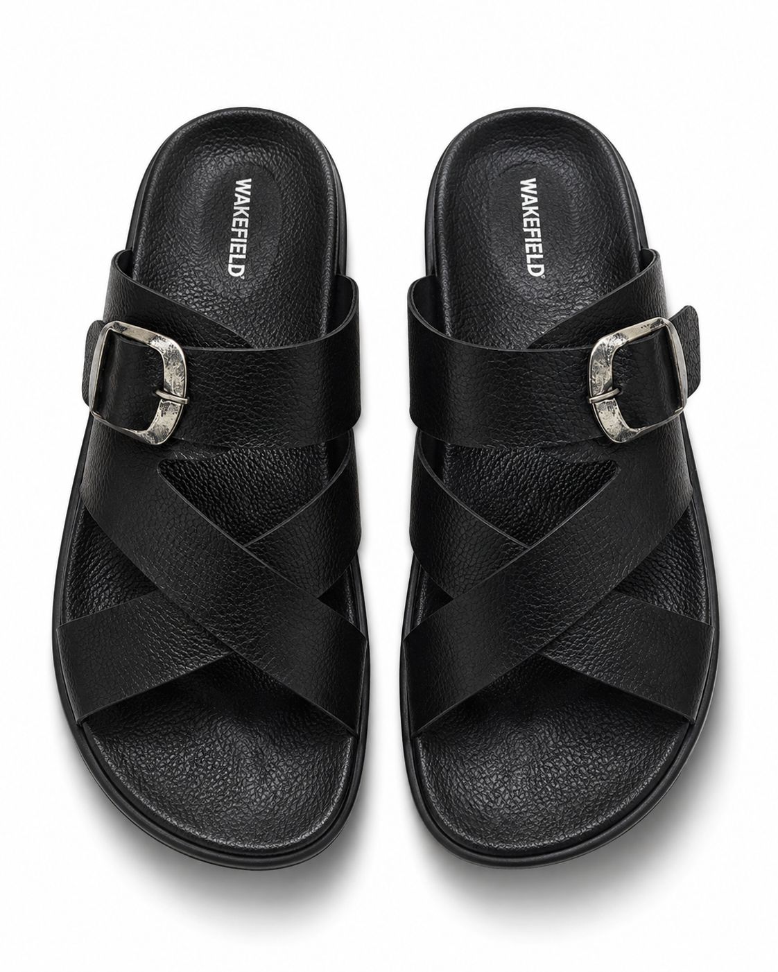 Wakefield Men"s Premium Cross Strap Buckle Comfort Slides | Adjustable Metal Buckle | Soft Cushioned Footbed | Anti-Slip Sole | Lightweight Casual Slippers | Black