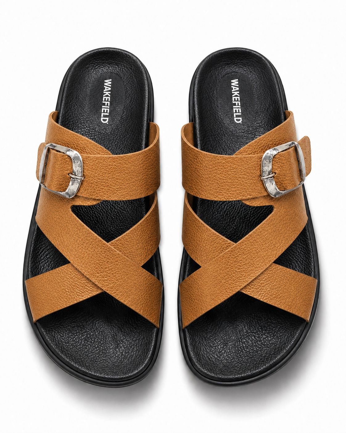 Wakefield Men"s Premium Cross Strap Buckle Comfort Slides | Adjustable Metal Buckle | Soft Cushioned Footbed | Anti-Slip Sole | Lightweight Casual Slippers | TAN