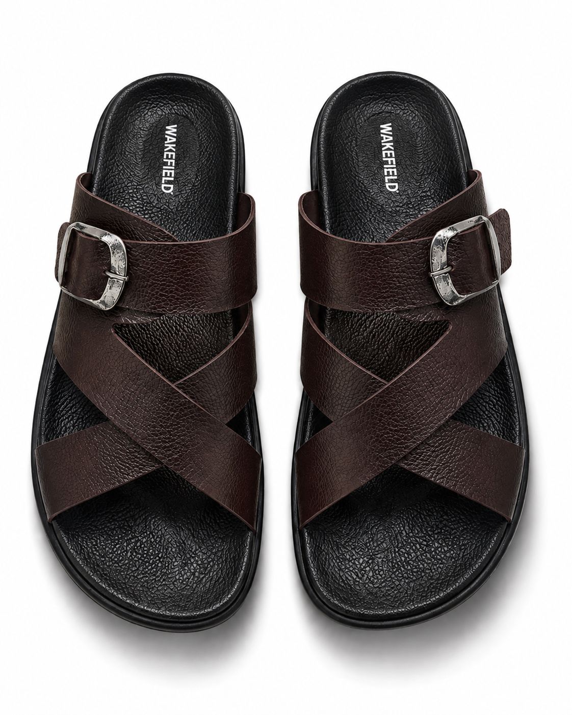 Wakefield Men"s Premium Cross Strap Buckle Comfort Slides | Adjustable Metal Buckle | Soft Cushioned Footbed | Anti-Slip Sole | Lightweight Casual Slippers | BROWN