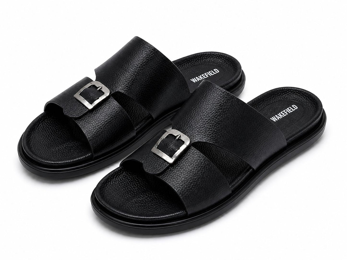 Wakefield Men's Premium Single Buckle Comfort Slide | Soft Cushioned Footbed | Anti-Slip Sole | Lightweight Casual Slippers | Black