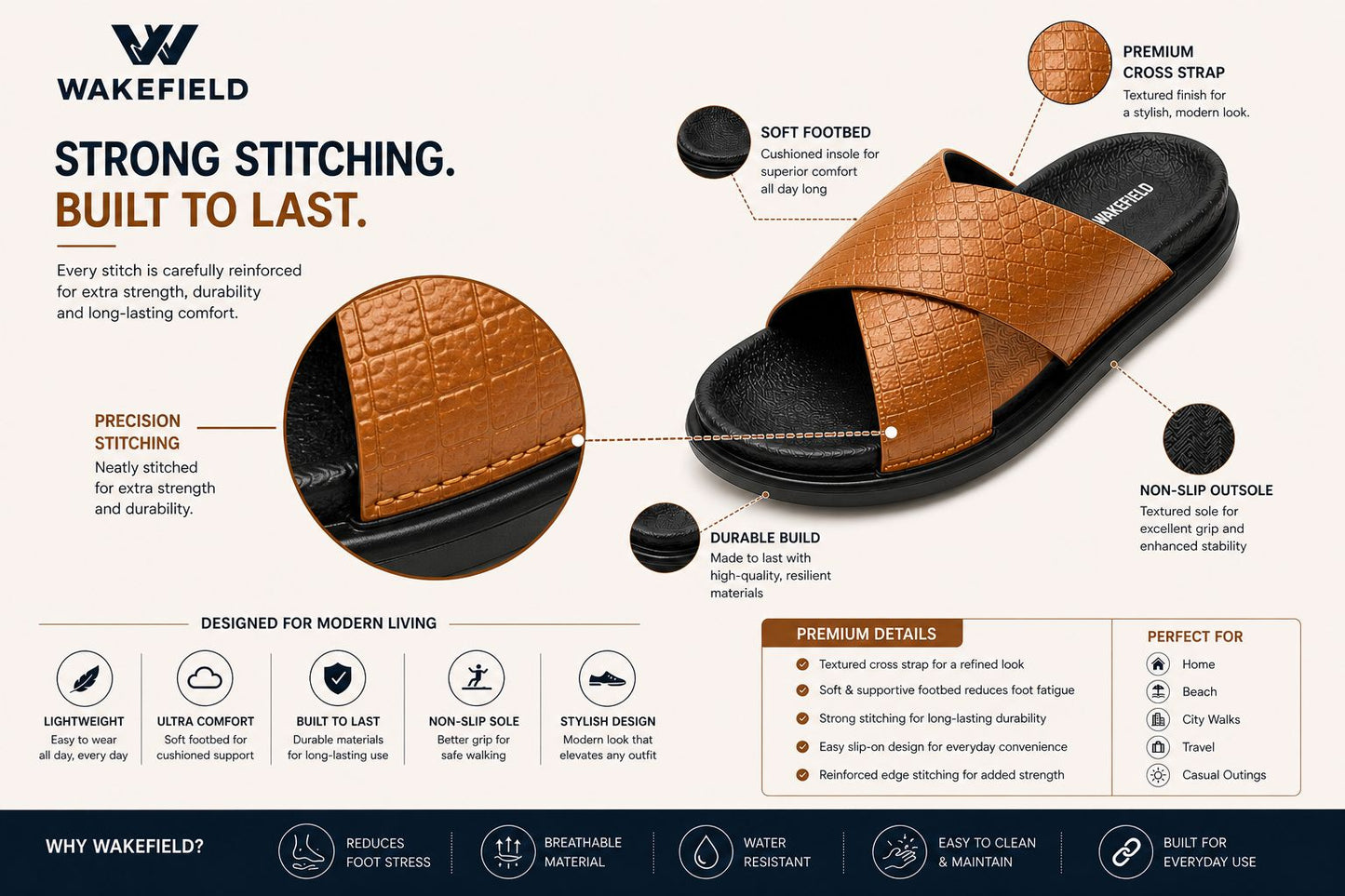 Wakefield Men's Premium Cross Strap Textured Slides - Tan