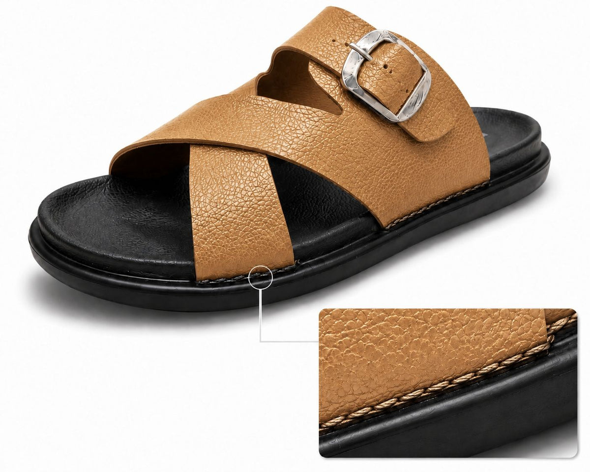 Wakefield Men"s Premium Cross Strap Buckle Comfort Slides | Adjustable Metal Buckle | Soft Cushioned Footbed | Anti-Slip Sole | Lightweight Casual Slippers | TAN