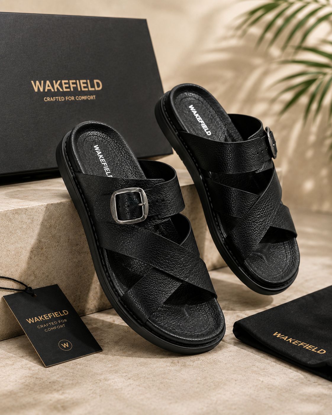 Wakefield Men"s Premium Cross Strap Buckle Comfort Slides | Adjustable Metal Buckle | Soft Cushioned Footbed | Anti-Slip Sole | Lightweight Casual Slippers | Black
