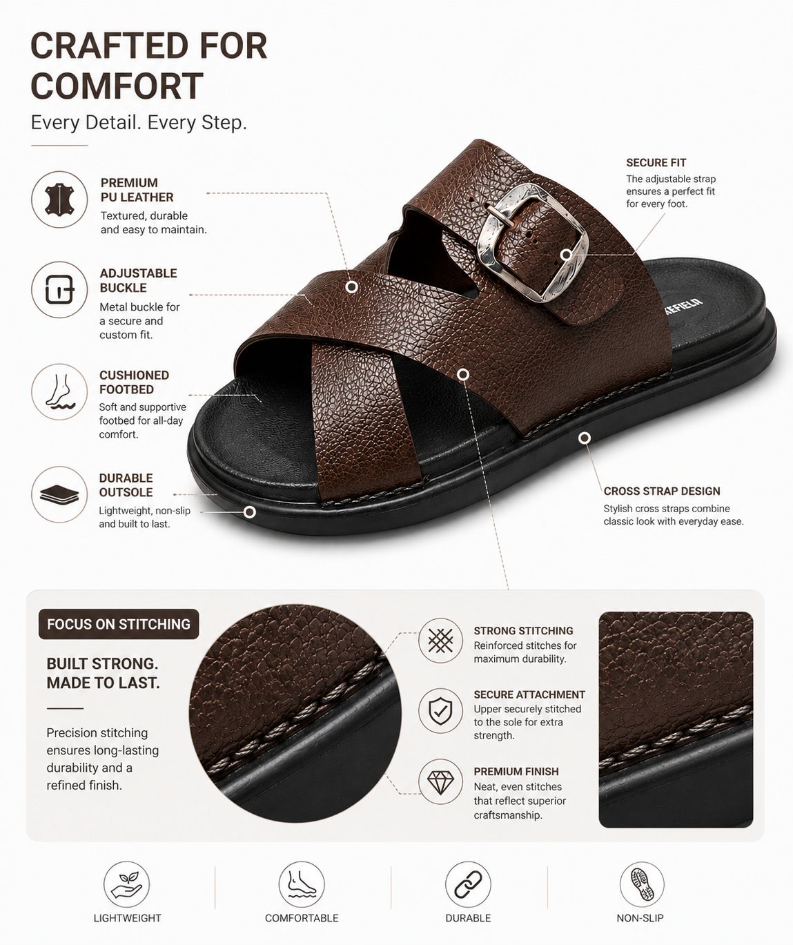 Wakefield Men"s Premium Cross Strap Buckle Comfort Slides | Adjustable Metal Buckle | Soft Cushioned Footbed | Anti-Slip Sole | Lightweight Casual Slippers | BROWN