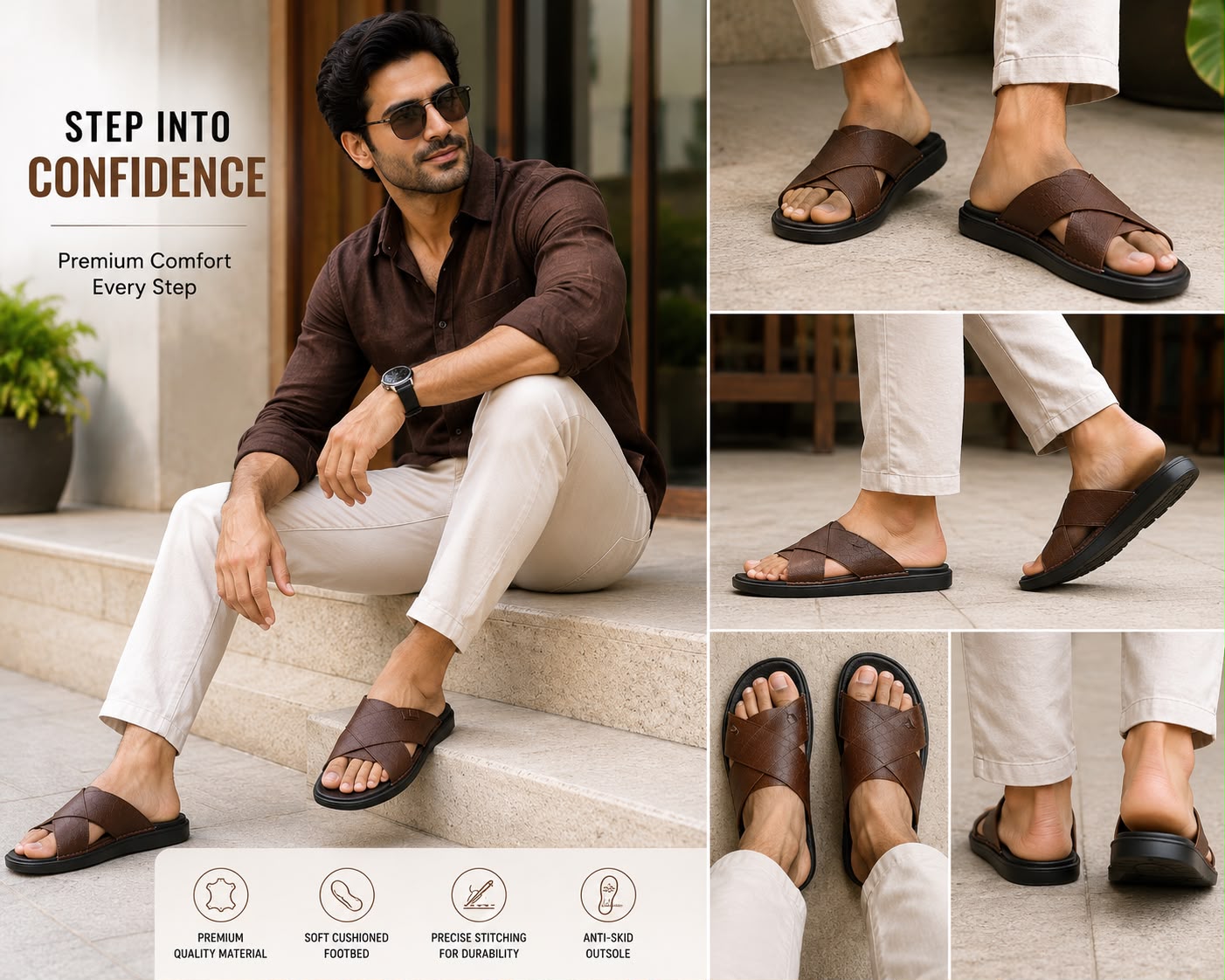 Wakefield Men's Premium Dual Texture Cut Cross Slides - Brown
