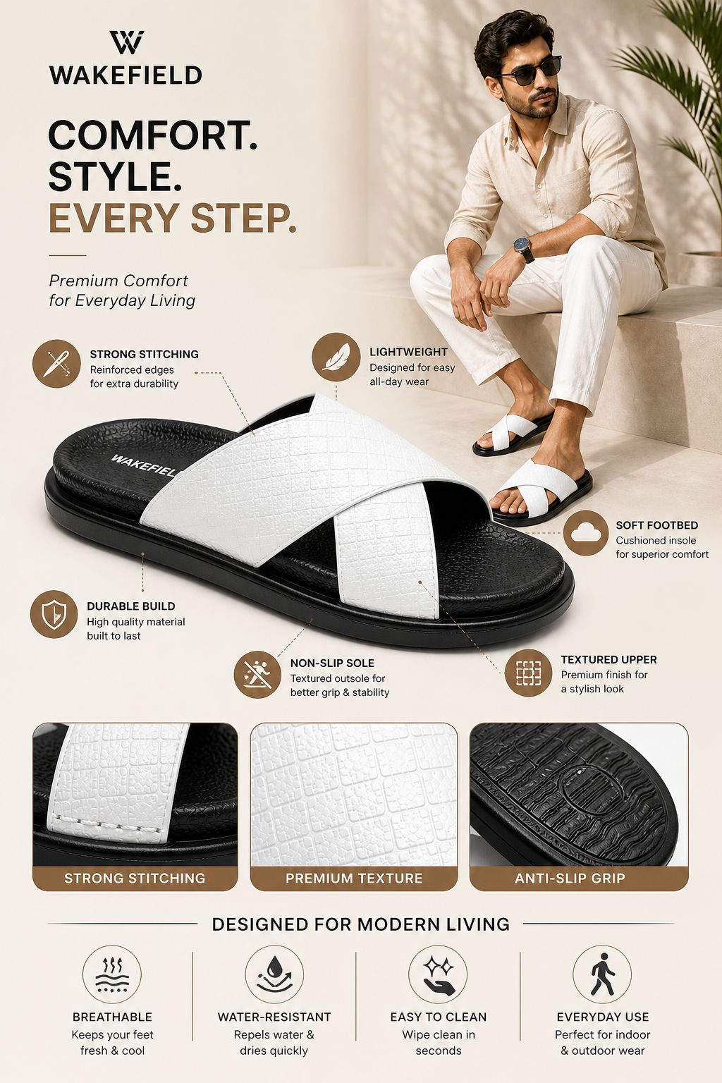 Wakefield Men's Premium Cross Strap Textured Slides - White