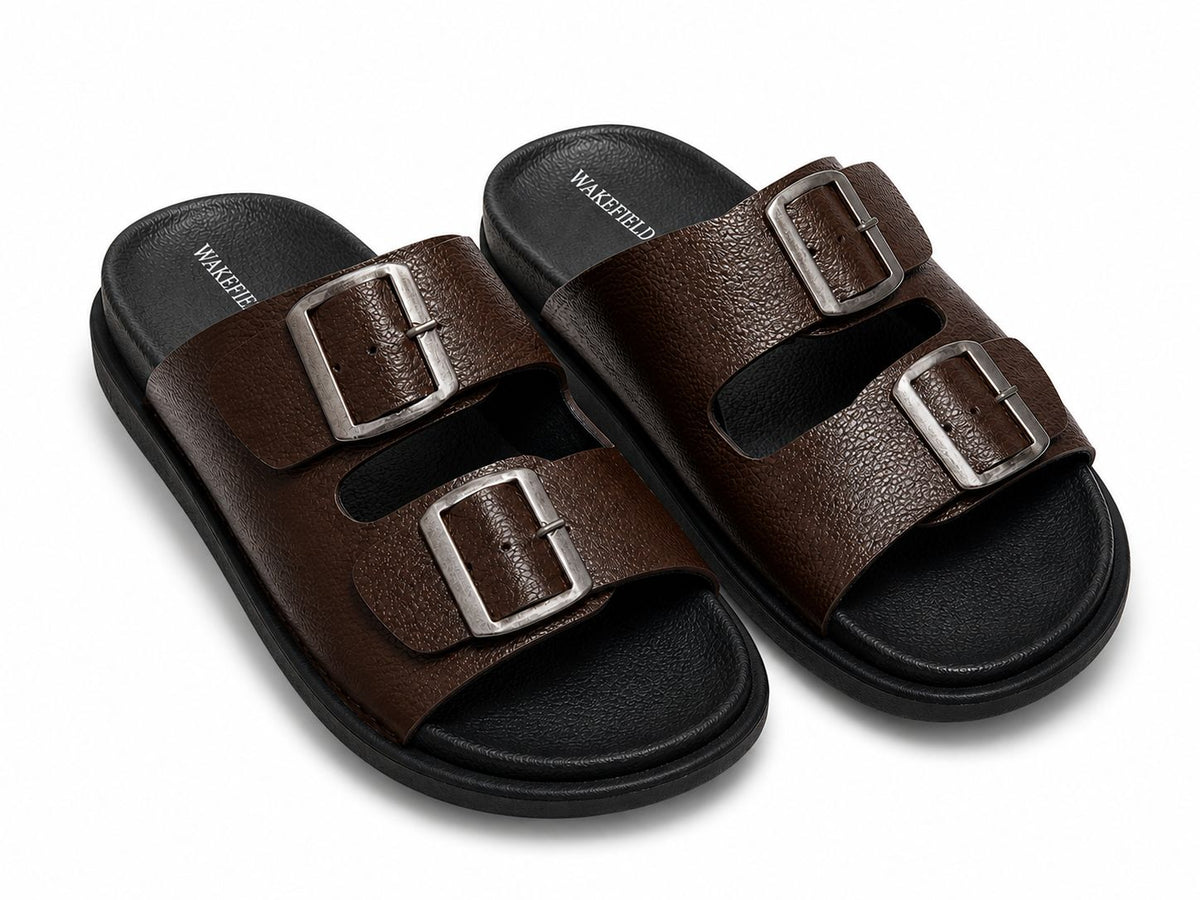 Wakefield Men's Premium Double Buckle Comfort Slides | Adjustable Metal Buckles | Soft Cushioned Footbed | Anti-Slip Sole | Brown