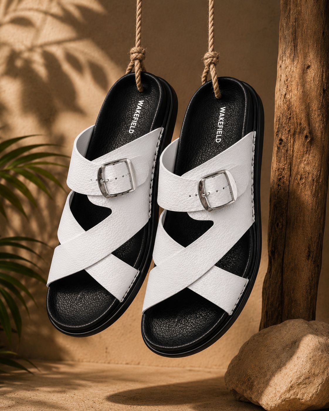 Wakefield Men"s Premium Cross Strap Buckle Comfort Slides | Adjustable Metal Buckle | Soft Cushioned Footbed | Anti-Slip Sole | Lightweight Casual Slippers | WHITE