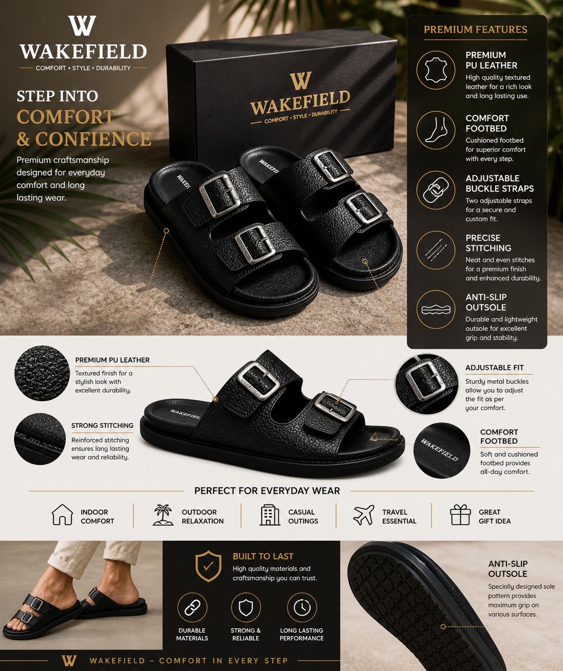 Wakefield Men's Premium Double Buckle Comfort Slides | Adjustable Metal Buckles | Soft Cushioned Footbed | Anti-Slip Sole | Black