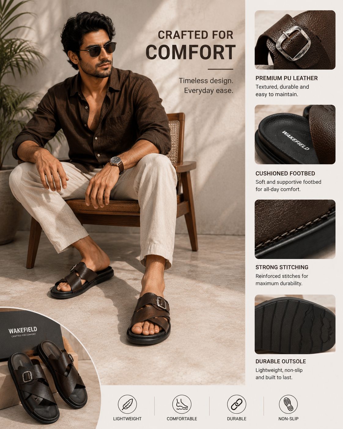 Wakefield Men"s Premium Cross Strap Buckle Comfort Slides | Adjustable Metal Buckle | Soft Cushioned Footbed | Anti-Slip Sole | Lightweight Casual Slippers | BROWN
