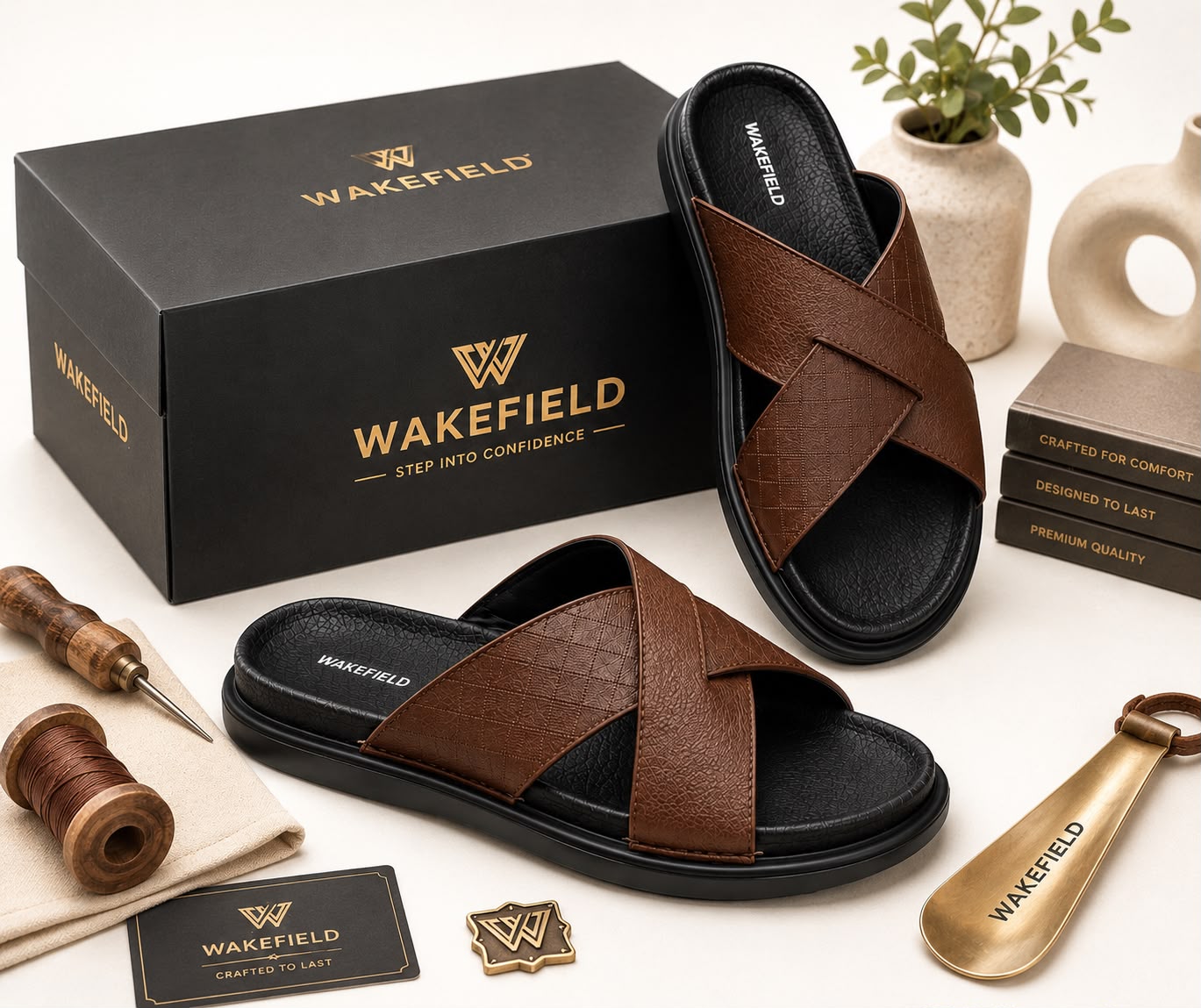 Wakefield Men's Premium Dual Texture Cut Cross Slides - Brown