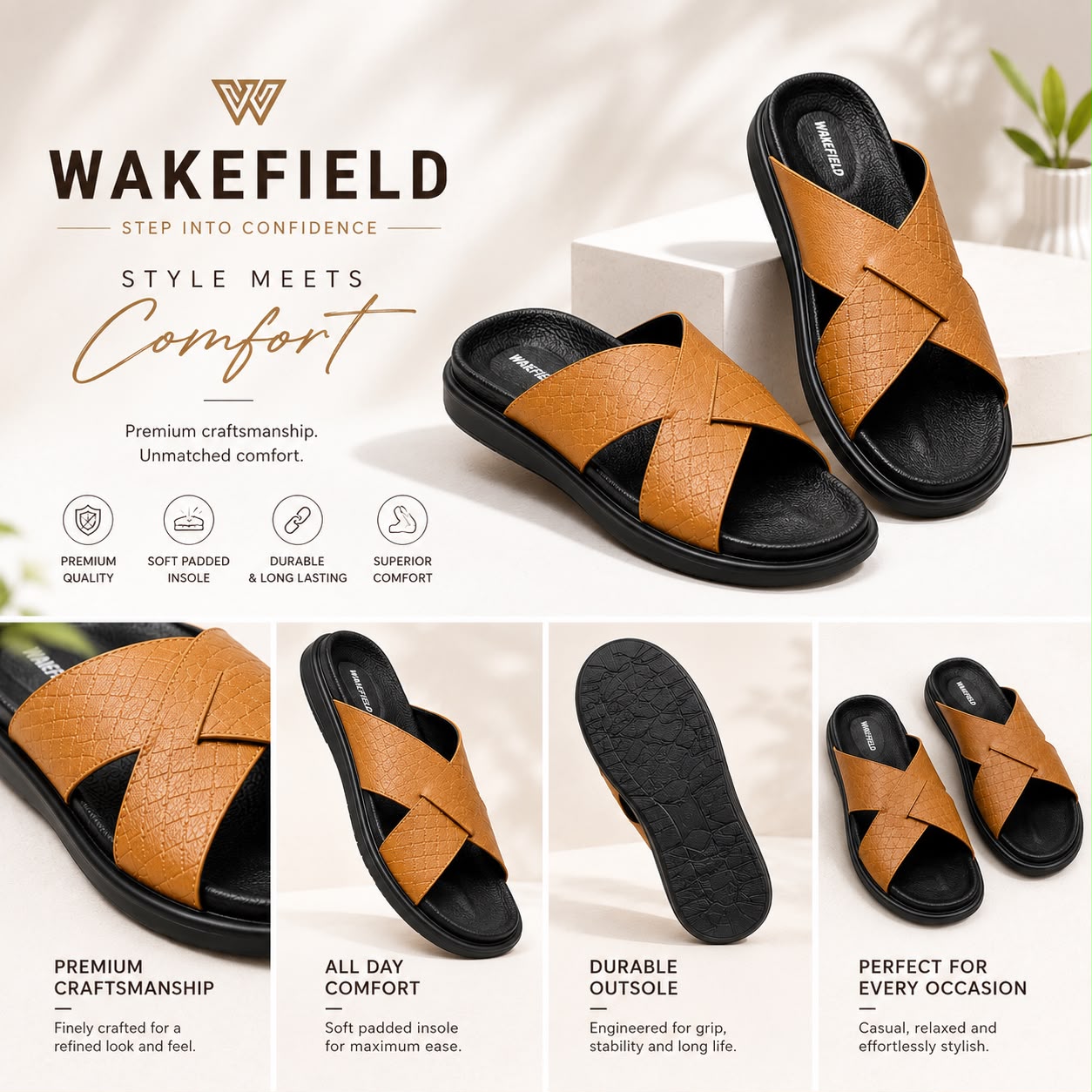 Wakefield Men's Premium Dual Texture Cut Cross Slides - Tan