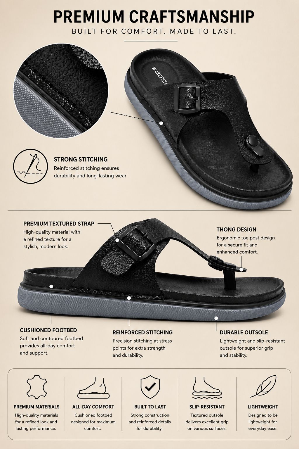 Wakefield Men"s Premium Adjustable Toe Ring Buckle Comfort Slides | Soft Cushioned Footbed | Anti-Slip Sole | Lightweight Casual Slippers | Black