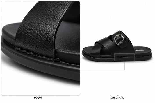 Wakefield Men"s Premium Cross Strap Buckle Comfort Slides | Adjustable Metal Buckle | Soft Cushioned Footbed | Anti-Slip Sole | Lightweight Casual Slippers | Black