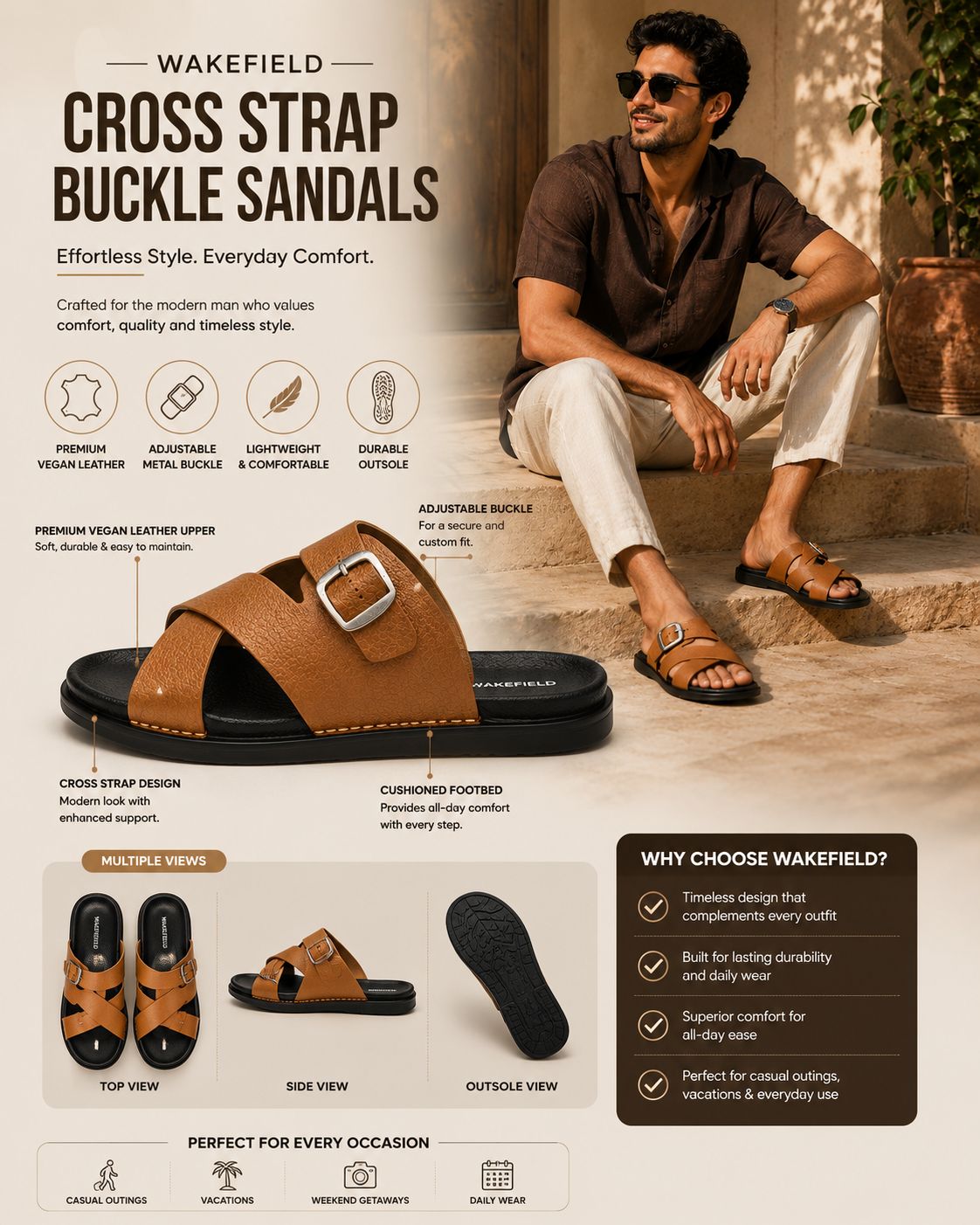 Wakefield Men"s Premium Cross Strap Buckle Comfort Slides | Adjustable Metal Buckle | Soft Cushioned Footbed | Anti-Slip Sole | Lightweight Casual Slippers | TAN