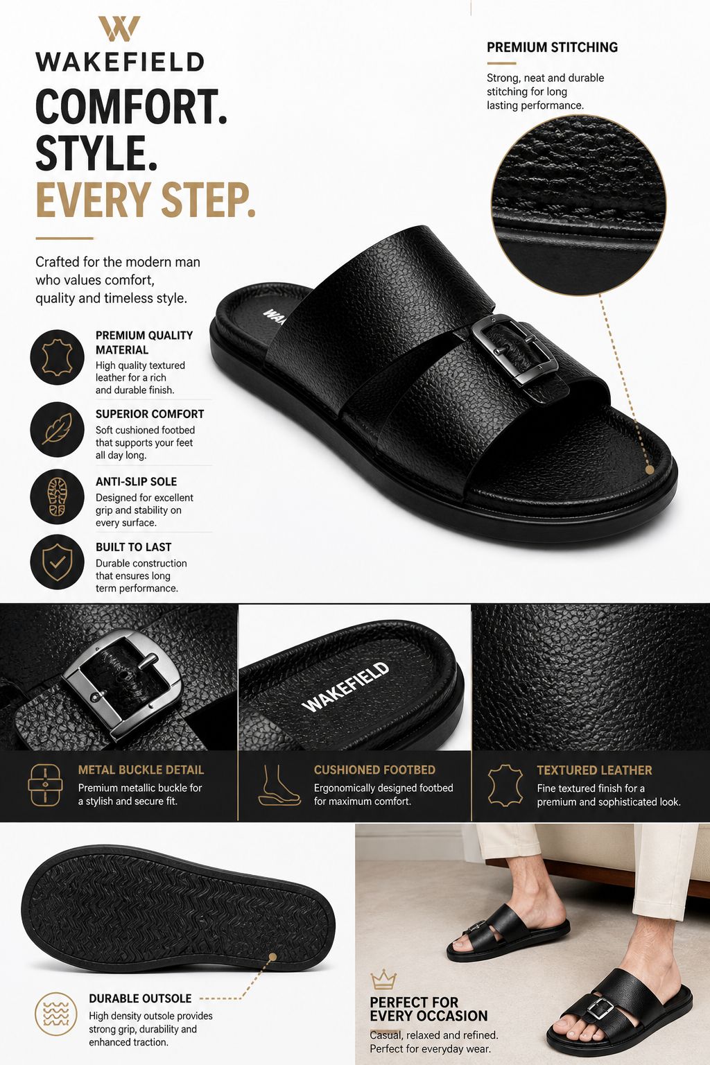 Wakefield Men's Premium Single Buckle Comfort Slide | Soft Cushioned Footbed | Anti-Slip Sole | Lightweight Casual Slippers | Black