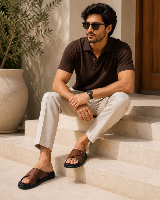 Wakefield Men's Premium Cross Strap Textured Slides - Brown