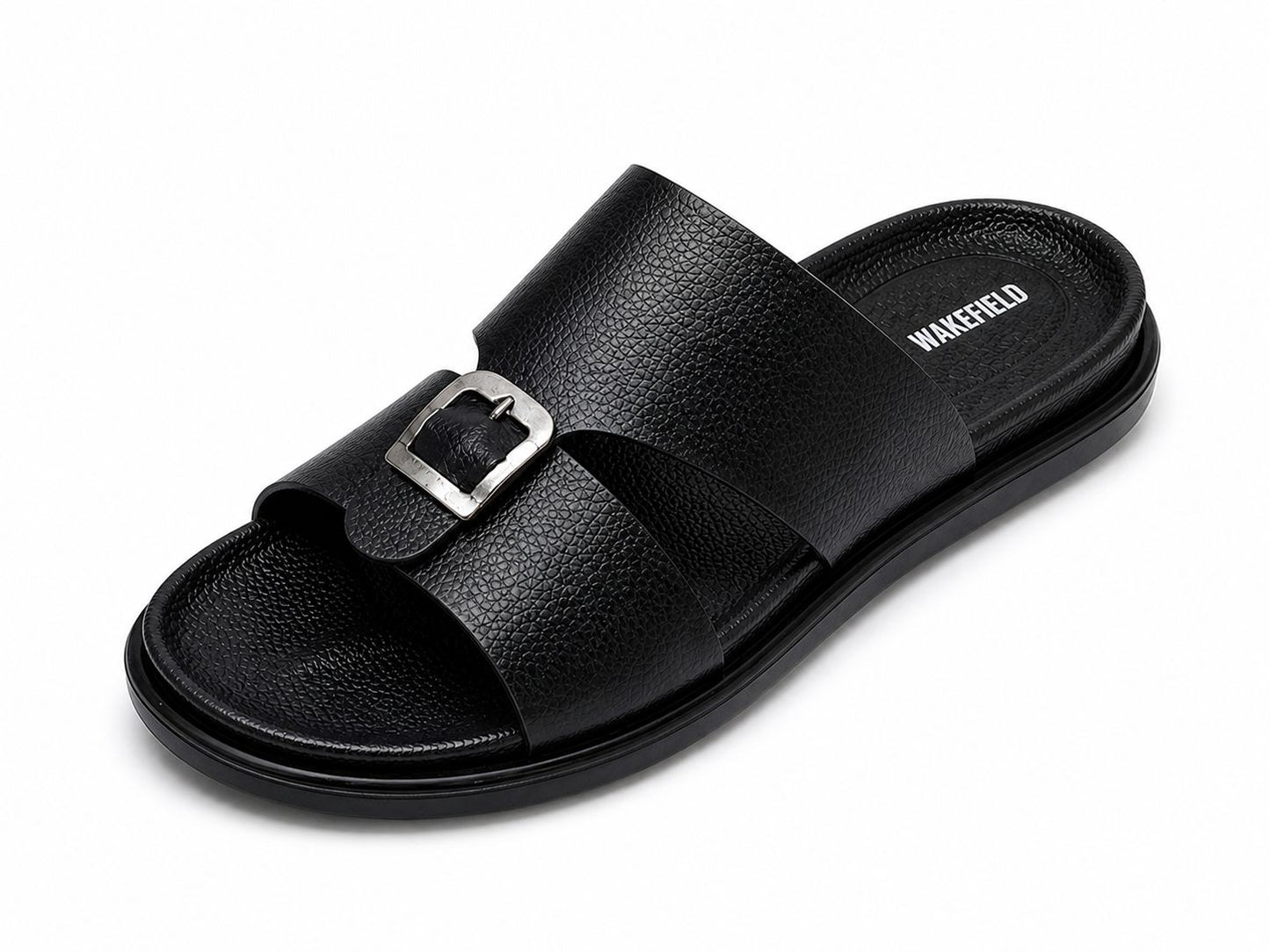 Wakefield Men's Premium Single Buckle Comfort Slide | Soft Cushioned Footbed | Anti-Slip Sole | Lightweight Casual Slippers | Black