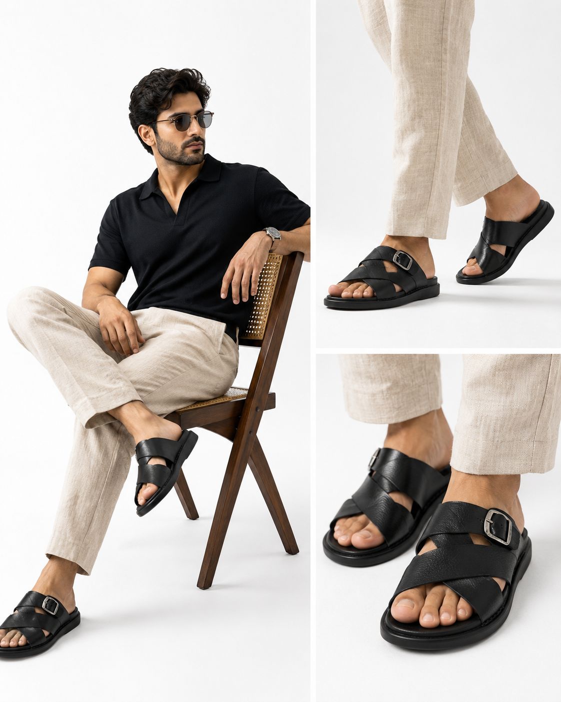 Wakefield Men"s Premium Cross Strap Buckle Comfort Slides | Adjustable Metal Buckle | Soft Cushioned Footbed | Anti-Slip Sole | Lightweight Casual Slippers | Black
