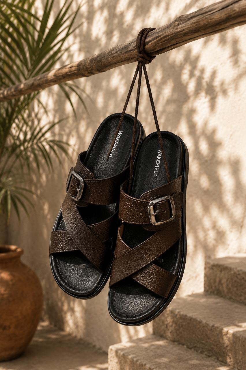 Wakefield Men"s Premium Cross Strap Buckle Comfort Slides | Adjustable Metal Buckle | Soft Cushioned Footbed | Anti-Slip Sole | Lightweight Casual Slippers | BROWN