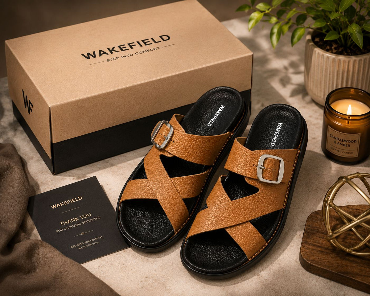 Wakefield Men"s Premium Cross Strap Buckle Comfort Slides | Adjustable Metal Buckle | Soft Cushioned Footbed | Anti-Slip Sole | Lightweight Casual Slippers | TAN